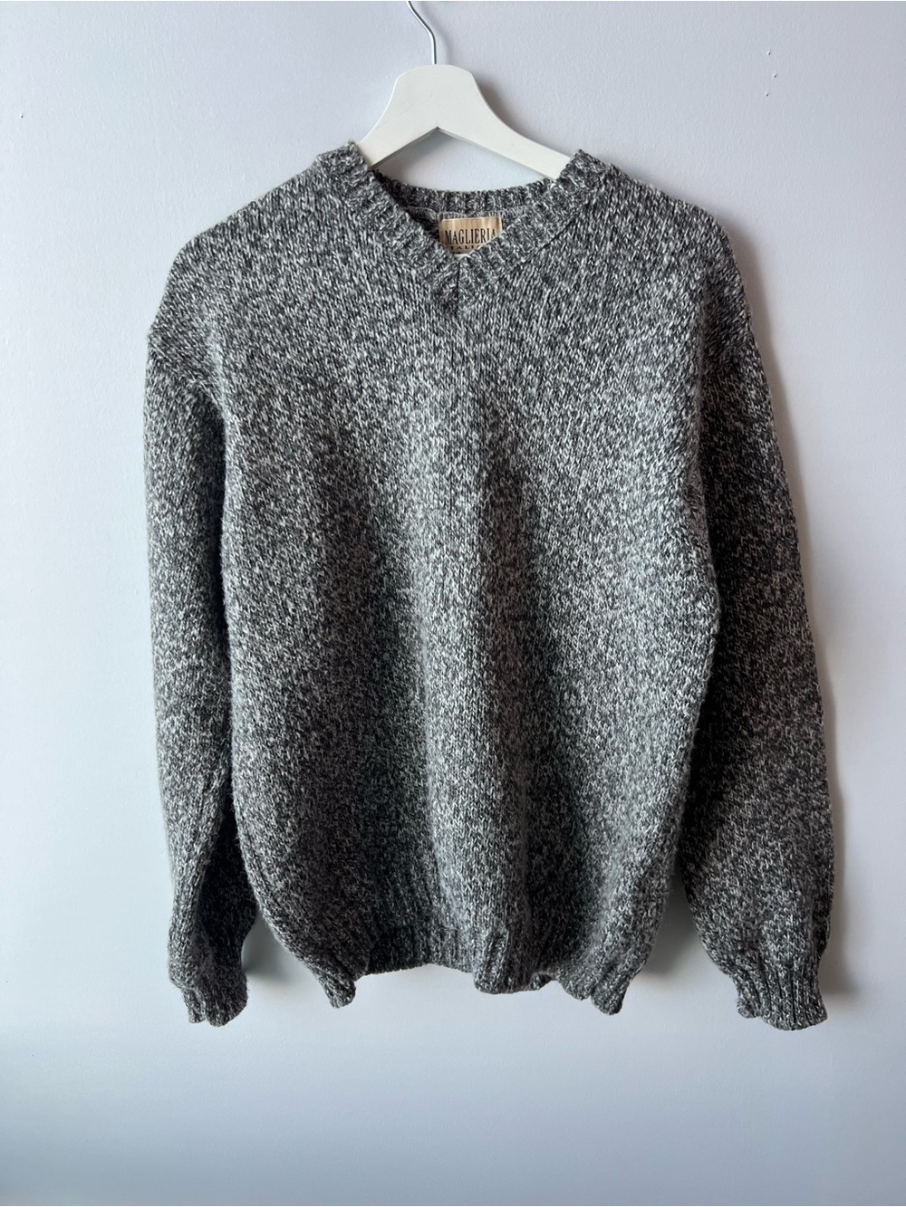 Vintage Italian Marled Gray Wool Mohair Blend V-Neck Sweater Size XL Unisex
